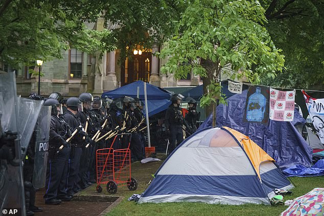 Police arrive at a pro-Palestinian camp on the University of Pennsylvania campus on Friday.