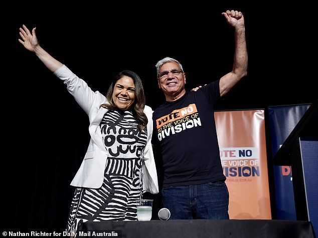 Mundine (pictured right with fellow No campaigner Jacinta Price) was a high-profile campaigner against Voice to Parliament.