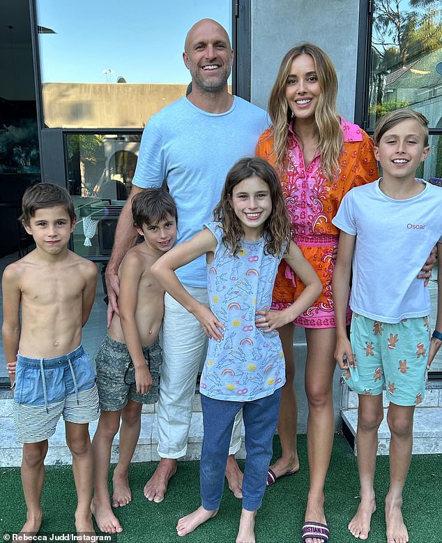 Bec shares four children with her former football champion husband, including twins Tom and Darcy, eight, daughter Billie, ten, and Oscar, 12. All pictured.