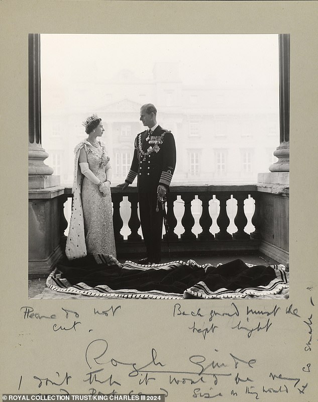 The Queen and Prince Philip photographed by Antony Armstrong-Jones, two years before marrying Princess Margaret. The photographer's instructions for reproduction are clearly visible. For example, he didn't want the image to be cropped or 