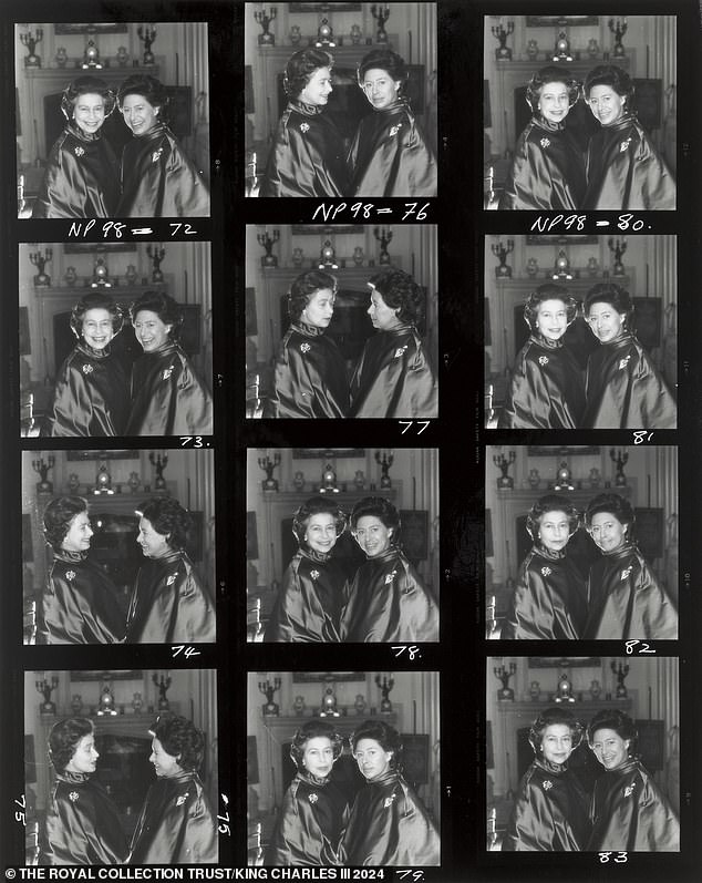 This never-before-seen contact sheet is of Queen Elizabeth II and Princess Margaret made by Norman Parkinson in 1980.