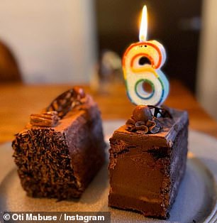 Sharing a piece of cake with a number '6' candle, Oti wrote: 