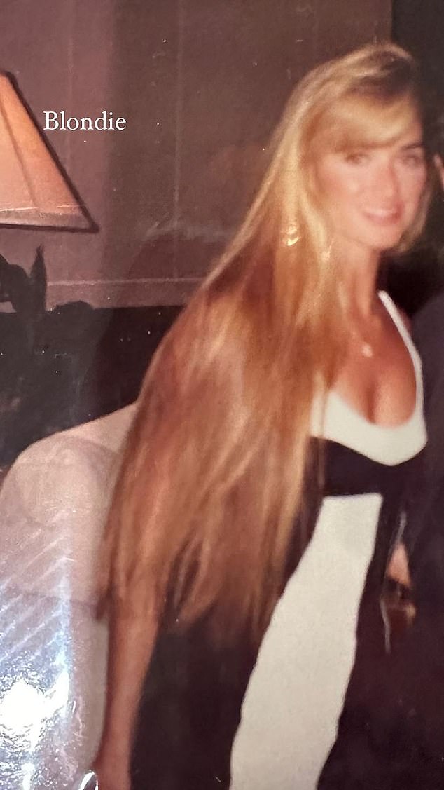 Another image shows Kyle at some point in her 20s wearing a tight black and white dress and waist-length blonde hair.  She captioned the photo: 'Blondie.'