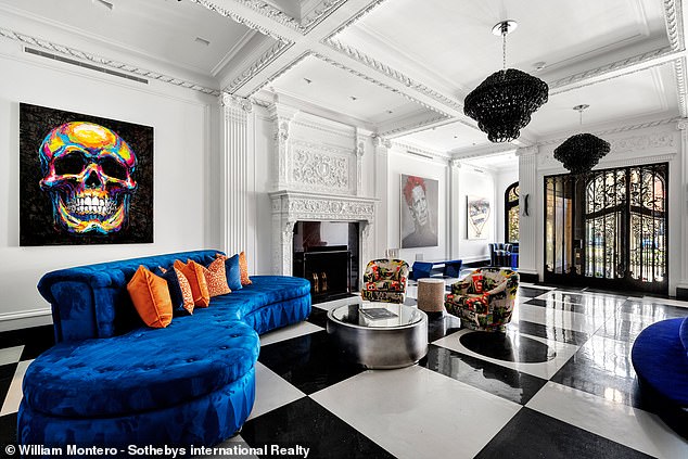 A checkerboard floor and black chandeliers create a stunning impression.