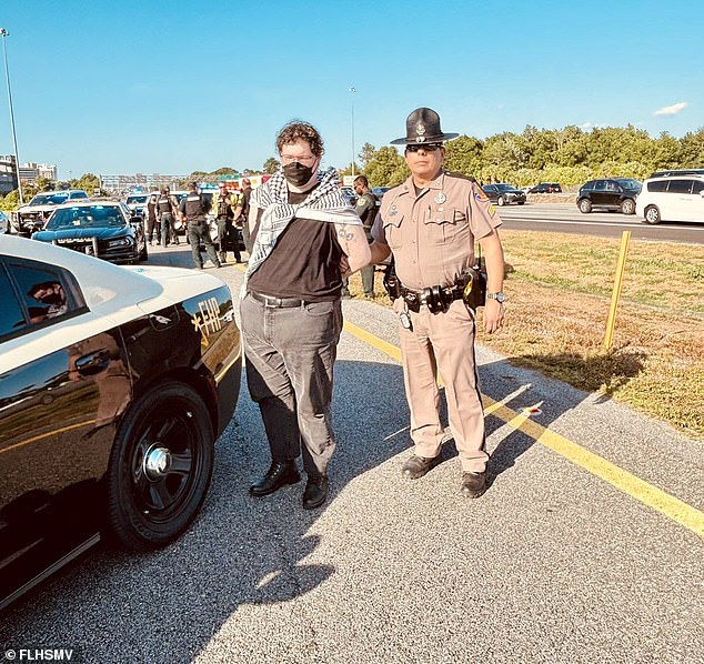 The pro-Palestinian protesters were arrested by the Florida Highway Patrol 11 minutes into the protest.