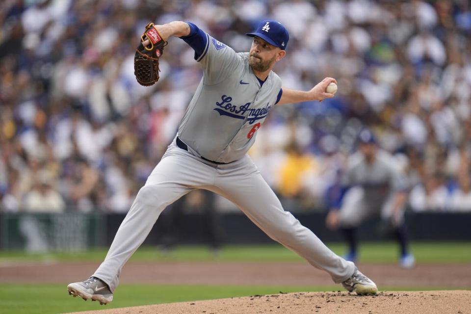 Dodgers starting pitcher James Paxton works against a San Diego Padres batter during the first inning on Saturday.