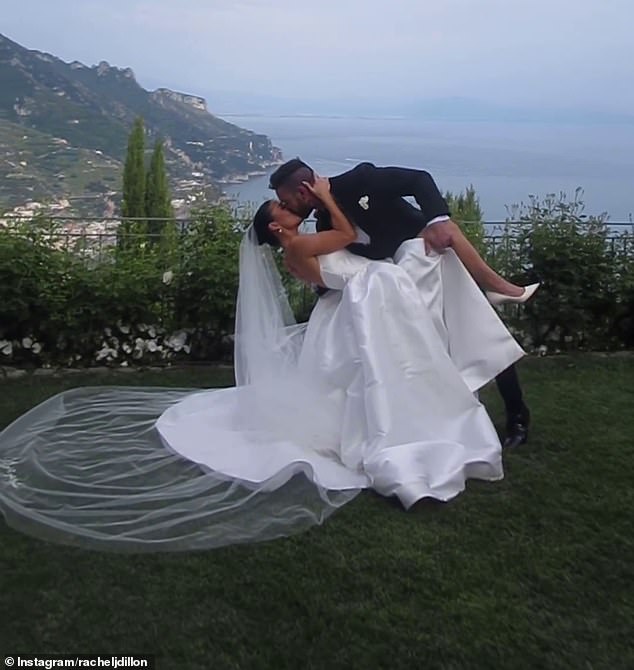 They posed for photos in a secluded garden overlooking the ocean and mountains as they tied the knot in a picturesque Italian wedding.