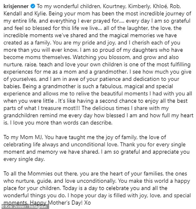 Kris Jenner also used her Instagram account to write a thoughtful message to her six children.