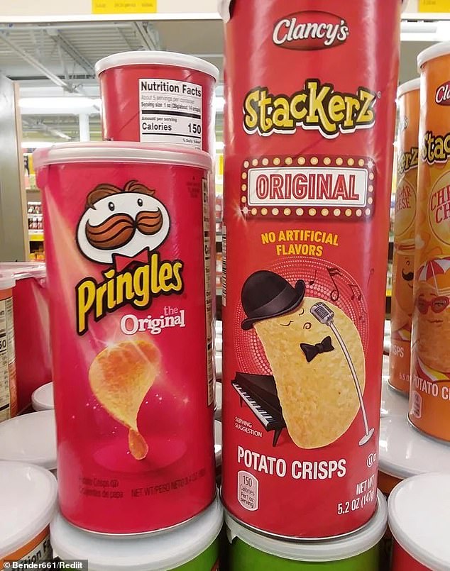 Aldi is known for selling various imitation products at significantly reduced prices. Pictured, Pringles on the left and the Aldi knockoff product on the right.