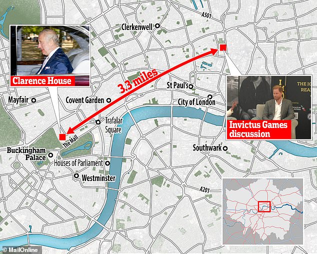 Harry was just a few miles from Charles when he flew to London for the Invictus Games event.