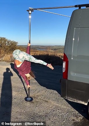 Keri is pictured above spinning on an 8ft pole in the Yorkshire Dales