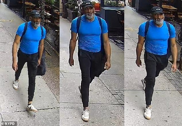 Police released a surveillance image of the alleged attacker, wearing a dark baseball cap, blue T-shirt, black pants and white sneakers.