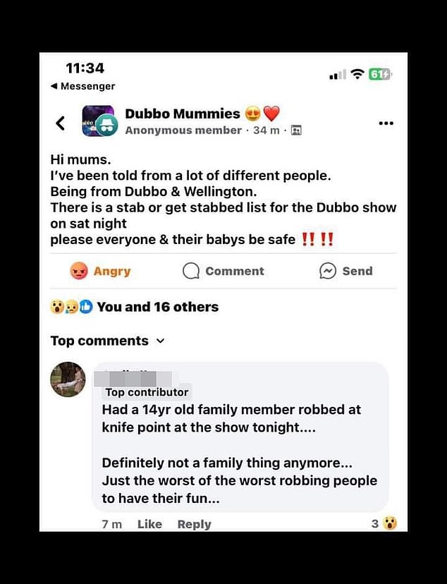 The list sparked widespread fear on social media among people in the Wellington, Orange and Cowra areas, with a post on the 'Dubbo Mummies' Facebook page warning attendees. There were also unconfirmed reports that a 16-year-old boy was held at knifepoint during Friday night's show. However, the alleged victim and two friends he was with did not see any weapons.