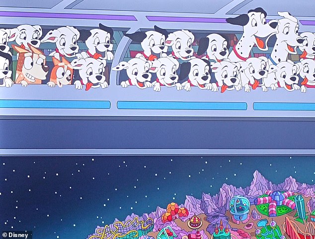 Chilli and Bingo are then seen on a spaceship alongside Dalmatian puppies (pictured)