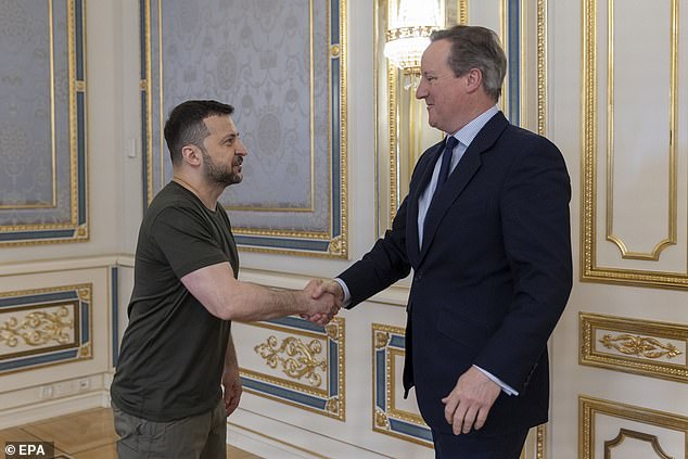 Foreign Secretary Lord Cameron, pictured with Ukrainian President Volodymyr Zelensky, visited kyiv to pledge that the UK would provide £3bn a year to Ukraine for as long as needed.