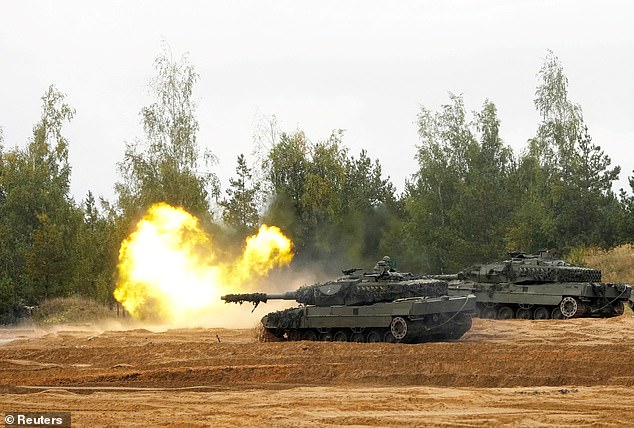 The NATO-reinforced Forward Presence battle group fires the Spanish Army Leopard 2 tank during the final phase of the Silver Arrow 2022 military exercise at the Adazi military training ground in Latvia