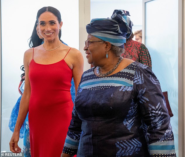 Megan chose a bright red midi dress with a ruffled hem and spaghetti straps for her appearance at a Women in Leadership event in Abuja.