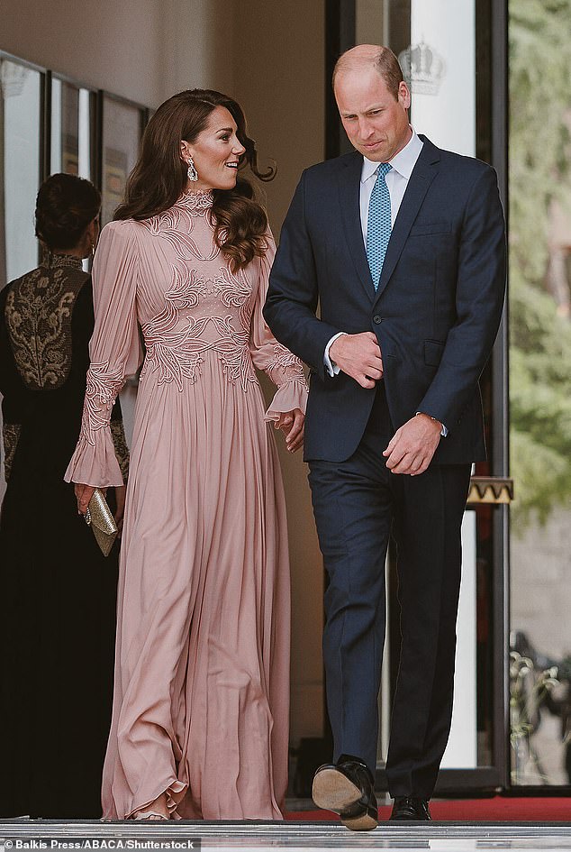 The Princess of Wales put on an elegant display in a soft pink Elie Saab dress as she joined Prince William for Crown Prince Hussein's wedding to Rajwa Al-Saif in Jordan.