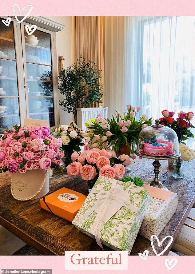 On Sunday, Lopez, who has 392.8 million social media followers, posted a photo of her six bouquets, three gift-wrapped gifts and a pink iced cake on Instagram with the caption: 