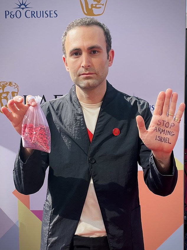 Khalid Abdallaa, 43, who played Princess Diana's late boyfriend Dodi Fayed in the Netflix show, also held up a clear bag containing 14,000 red sequins to represent each 