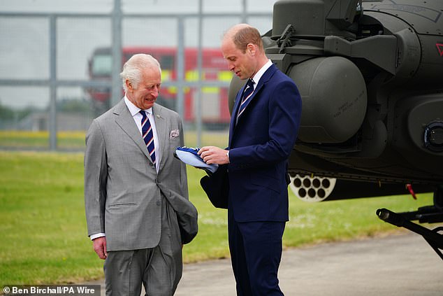 Charles and William at the Army Aviation Center in Middle Wallop, Hampshire, this afternoon