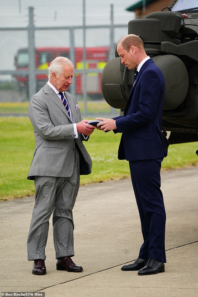 Charles and William at the Army Aviation Center in Middle Wallop, Hampshire, this afternoon