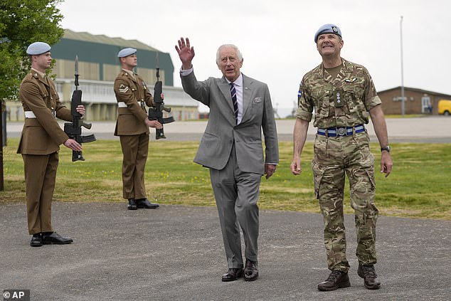 King Charles III arrives at the Army Aviation Center in Middle Wallop, Hampshire today.