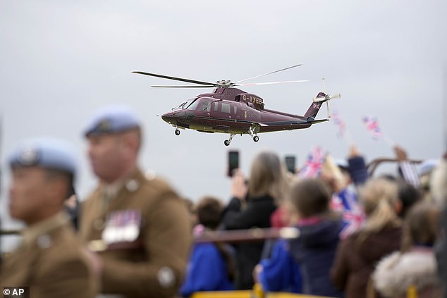 King Charles III arrives by helicopter at the Army Aviation Center in Middle Wallop today