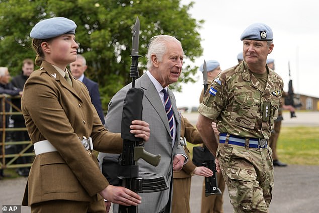 King Charles III arrives at the Army Aviation Center in Middle Wallop, Hampshire today.