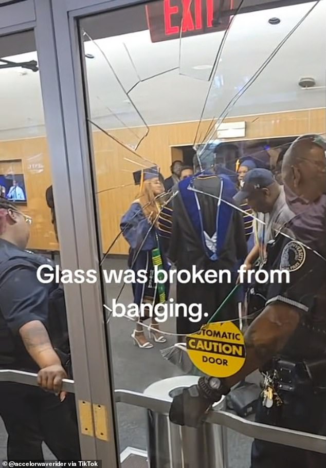 Footage showed a glass door broken as family members tried to get through security.