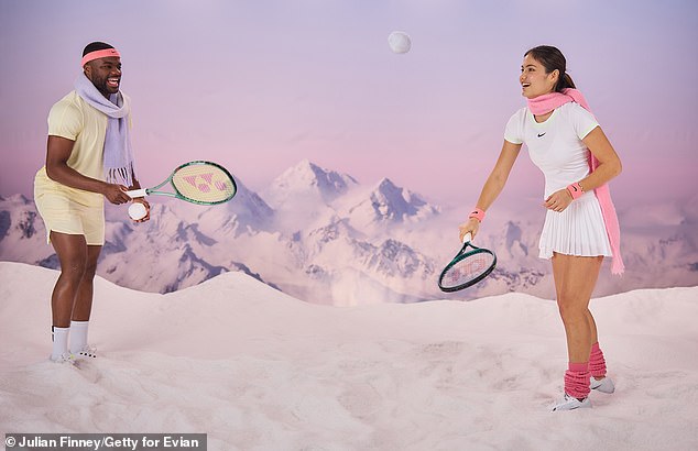 The former US Open champion posed in her white tennis gear, showing off her pins in a light skirt while holding a racket, before playing a round with new ambassador Frances Tiafoe.