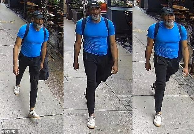 Police released a surveillance image of the alleged attacker, wearing a dark baseball cap, blue T-shirt, black pants and white sneakers.