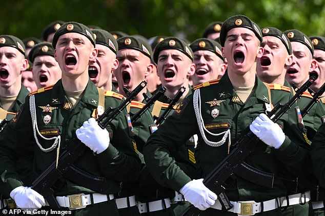 Russian servicemen attend the Victory Day military parade in Moscow's Red Square on May 9, 2024.