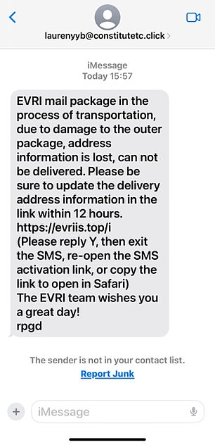 Evri Scam Text Message Example