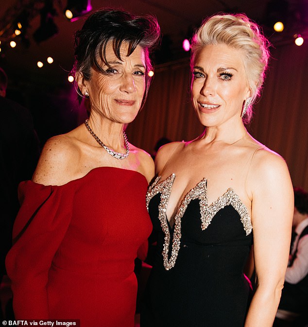 Hannah Waddingham (right) hid all night in the darkest corner of the room while several celebrities came to chat with her, including Dame Harriet Walter (left).