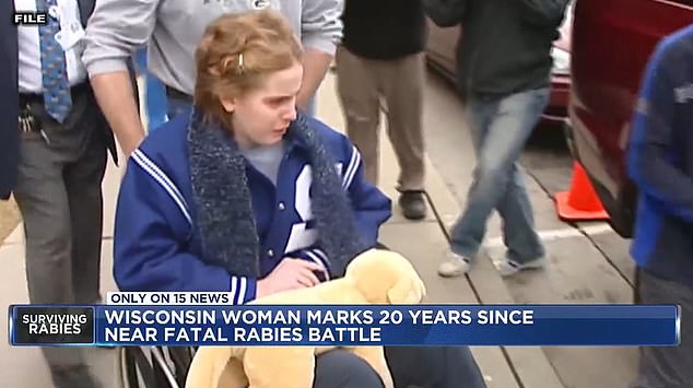 She is pictured above in a wheelchair during her recovery process at her home in Wisconsin.