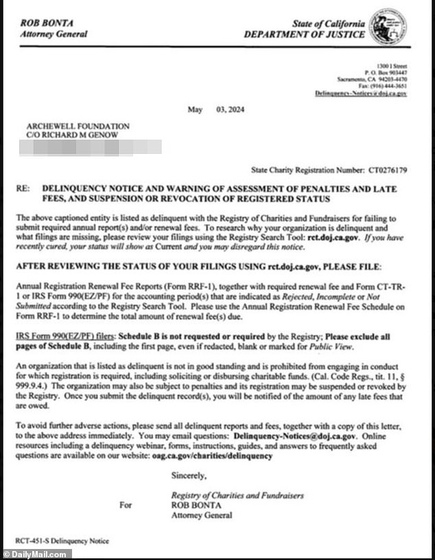 Records show the foundation was declared delinquent in January for failing to file its annual registration renewal fee or renewal fee reports since February 2023.