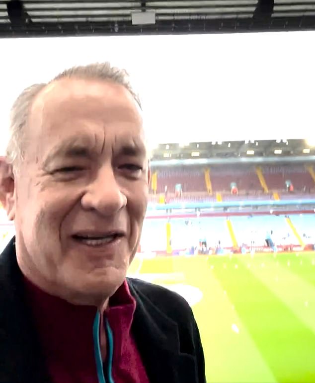 Hanks filmed a video of himself at Villa Park where he was 'celebrating the second to last game'