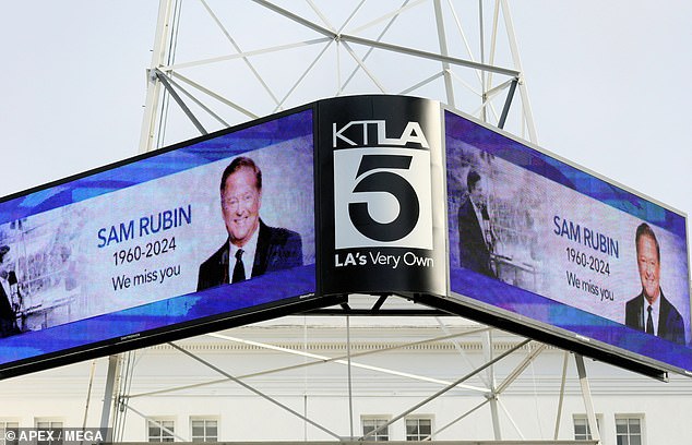 A marquee tribute to the sudden loss of legendary news anchor Sam Rubin is seen at KTLA.