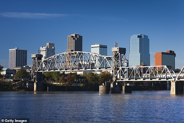 The skyline of the city of Little Rock, Arkansas, photographed from the Arkansas River