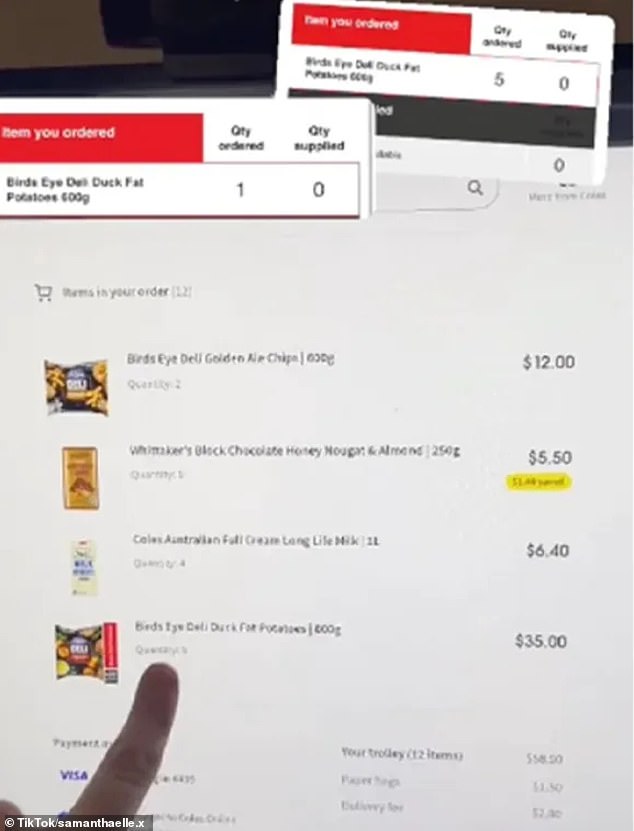 Coles is instructing shoppers who have noticed an item missing from their online order (pictured) to go to the live chat on its website or complete an online form.