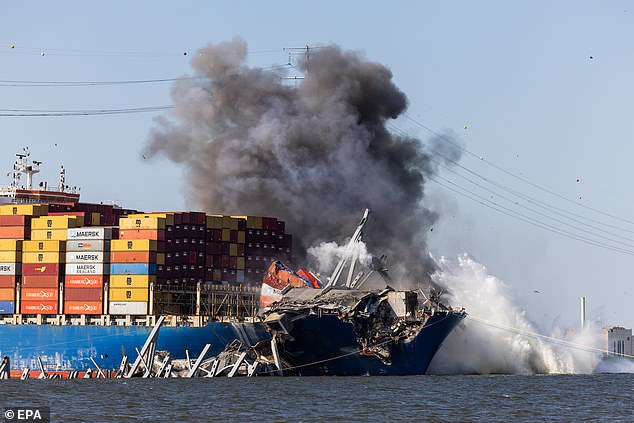 The bridge collapses into the water, creating a large wave that crashes back into Dali, who is on the ground.