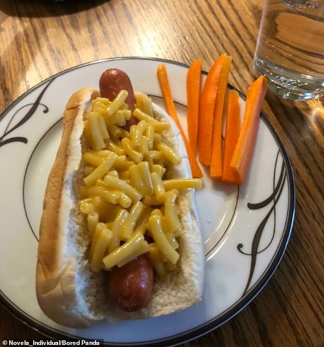 A hot dog filled with macaroni and cheese is enough to give anyone a heart attack; carrot accompaniment is unlikely to help