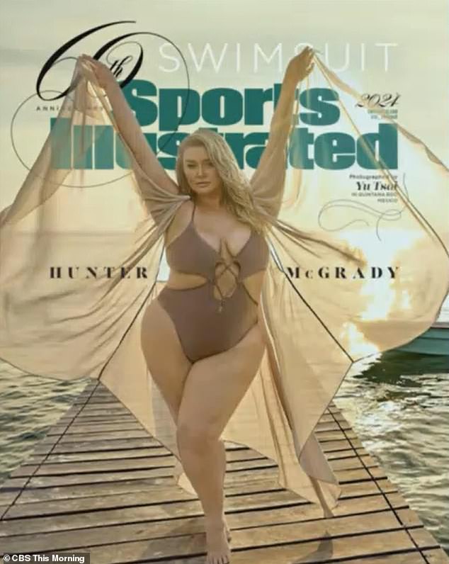 Hunter McGrady also appeared on the cover wearing a brown one-piece swimsuit, which came complete with cutouts on the sides of the abdomen area.