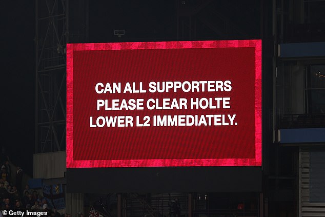 An announcement was made asking fans to evacuate parts of Holte End following the ordeal.