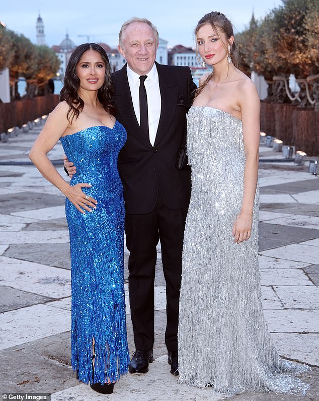 Salma Hayek, Francois-Henri and Mathilde attend the Fondazione Cini, Isola Di San Giorgio Photocall during the 60th Art Biennale 2024 in Venice, Italy in April