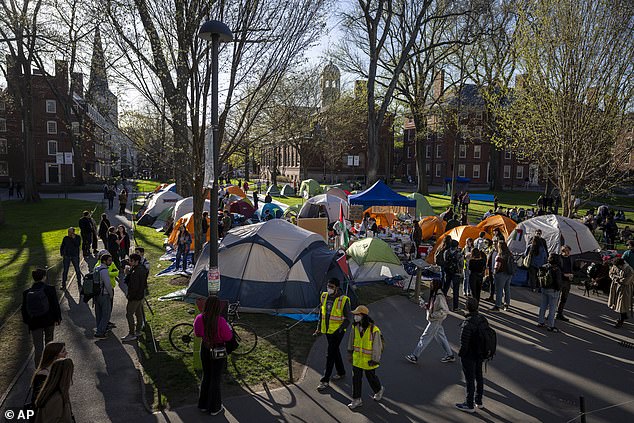 Students protesting against the war in Gaza and bystanders walking through Harvard Yard are seen at a camp at Harvard University on Thursday, April 25.