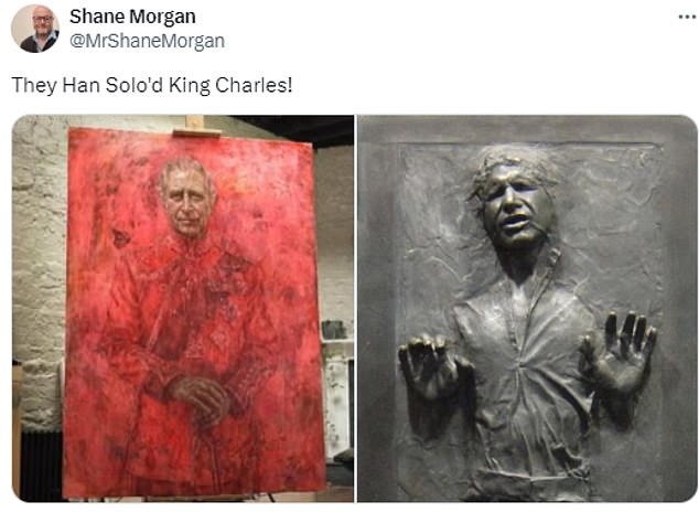 Sci-fi fans said the King had been 'Hans Solo' in reference to a scene from Star Wars: The Empire Strikes Back in which the space pirate is frozen in carbonite due to the red hue covering Charles' body in the paint.