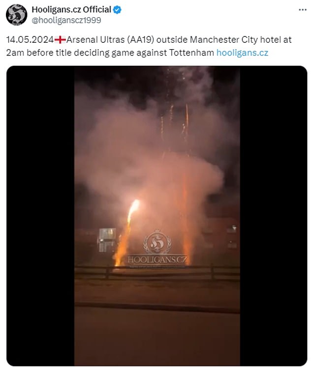 Arsenal fans set off fireworks outside what they thought was Manchester City's hotel.