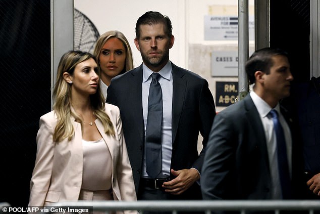 (LR) Lawyer Alina Habba, Lara Trump and Eric Trump walk into the courtroom after a break in the trial of former US President Donald Trump.